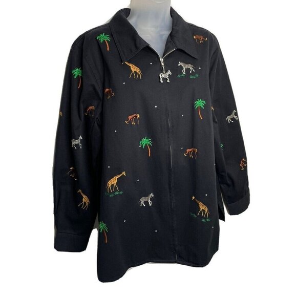 Quacker Factory Jacket Black Embroidered Jungle Animals Palm Trees Zip Up Casual - Picture 1 of 15